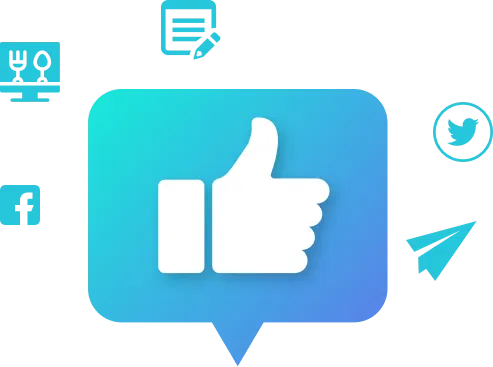 White thumbs up icon in a blue chat bubble with social media icons, representing a Hyperlocal Digital Marketing Agency based in Pune. - IPSense.com