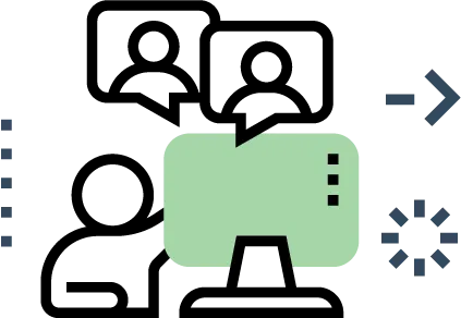 Illustration of a person at a computer with chat bubbles, arrows, and icons—ideal for showcasing a Hyperlocal Digital Marketing Agency in Pune. - IPSense.com