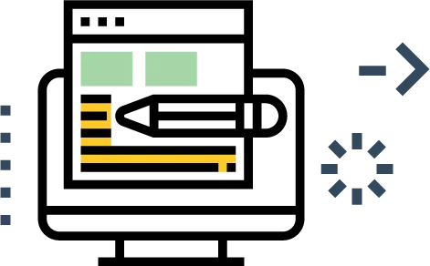 A computer monitor shows a webpage for a Pune-based hyperlocal digital marketing agency, with icons like pencil, bars, arrows, and loading signs around it. - IPSense.com