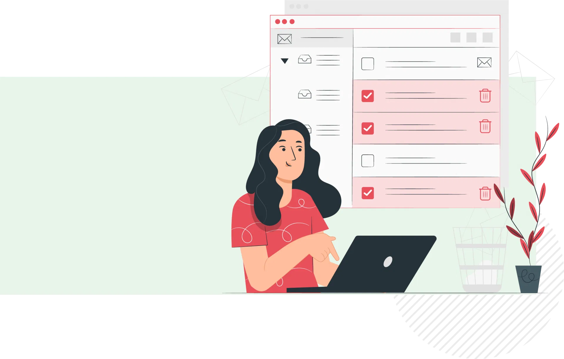 Illustration of a woman at her desk using a laptop, symbolising a hyperlocal digital marketing agency in Pune with an email inbox in the background. - IPSense.com