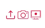 Three red icons—upload arrow, camera, and monitor—representing a hyperlocal digital marketing agency in Pune on a white background. - IPSense.com