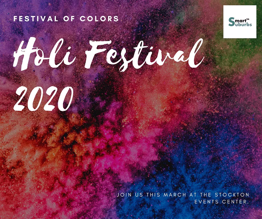 Colourful powder clouds with text: Festival of Colours Holi 2020. Hosted by Pune’s top hyperlocal digital marketing agency. Join us this March. - IPSense.com