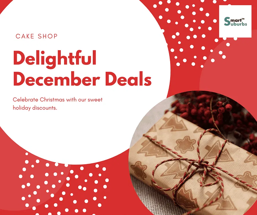 Hyperlocal Digital Marketing Agency’s festive red and white cake shop advert in Pune, highlighting December offers and Christmas discounts. - IPSense.com