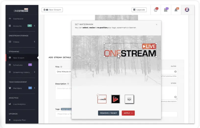 A computer displays a OneStream watermark editing window, highlighting tools used by a Pune-based Hyperlocal Digital Marketing Agency for live streaming. - IPSense.com