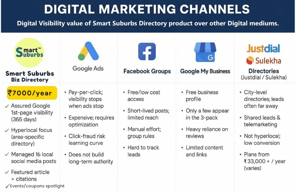Hyperlocal Digital Marketing Agency Comparison chart showing Pune's best digital channels, features, and yearly price options for local business growth. - IPSense.com