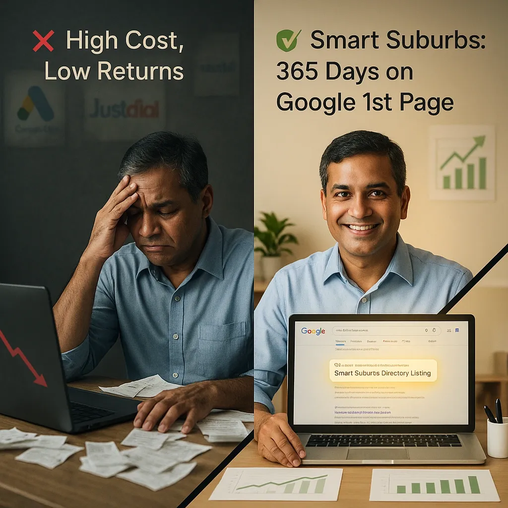 A man stressed with bills and laptop becomes happy as “Smart Suburbs”, a hyperlocal digital marketing agency, ranks on Google for affordable success. - IPSense.com