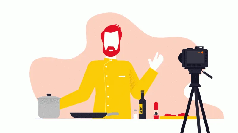 Illustration of a chef filming in a kitchen, representing a hyperlocal digital marketing agency in Pune catering to culinary and food brands. - IPSense.com