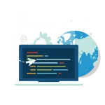 A laptop with vibrant code lines before a globe and gear, representing a top Hyperlocal Digital Marketing Agency in Pune focused on local impact. - IPSense.com