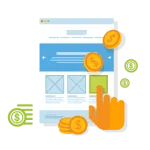 Illustration of a hand clicking a webpage with coins, highlighting hyperlocal digital marketing agency services and eCommerce transactions in Pune. - IPSense.com