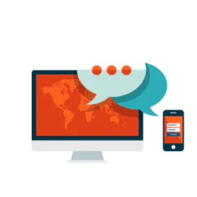 A computer monitor with a world map, chat bubbles, and mobile phone, highlighting a Hyperlocal Digital Marketing Agency serving Pune businesses. - IPSense.com